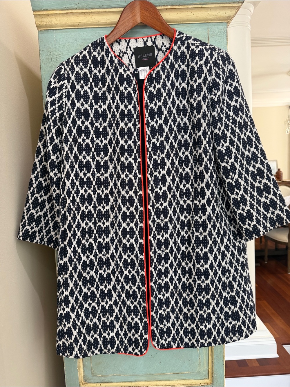 Helene Berman London Geometric Open Front Jacket Coat S Navy White Bright Trim